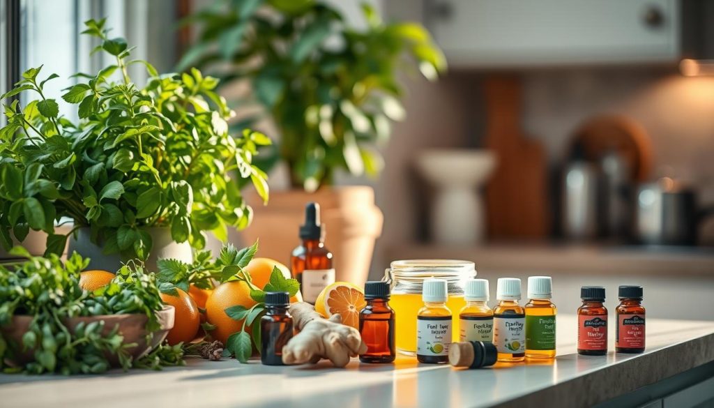 A beautifully lit and cozy kitchen countertop, with an array of natural healing ingredients neatly arranged - fresh herbs, citrus fruits, ginger, honey, and a variety of essential oils. Soft, diffused lighting creates a warm, inviting atmosphere, highlighting the vibrant colors and textures of the natural remedies. In the background, a lush, verdant potted plant adds a touch of greenery, complementing the earthy tones. The overall scene conveys a sense of wellness, balance, and the gentle power of nature's gifts to support a healthy lifestyle.