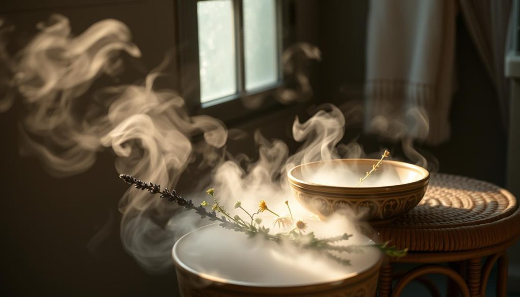 A cozy, dimly lit bathroom with steam swirling softly around an ornate ceramic bowl filled with fragrant herbs. The warm mist rises in wispy tendrils, casting a soothing, natural glow. Dried lavender, chamomile, and eucalyptus leaves rest in the bowl, their essential oils infusing the air. Soft, diffused light filters in through a frosted window, creating a tranquil, meditative atmosphere. A woven rattan stool stands nearby, inviting the viewer to sit and deeply inhale the restorative herbal vapors. The scene evokes a sense of peaceful, holistic healing.