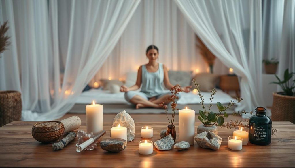 A serene and inviting scene of holistic wellness rituals unfolds. In the foreground, an array of natural elements - crystals, candles, incense, and fresh botanicals - are artfully arranged on a wooden table, casting a warm, ambient glow. The middle ground features a person sitting cross-legged, eyes closed, in a meditative pose, surrounded by soothing drapery and soft, diffused lighting. The background reveals a cozy, minimalist interior with muted tones and natural textures, creating a calming, nurturing atmosphere. The overall composition exudes a sense of balance, mindfulness, and a connection to the healing powers of nature.