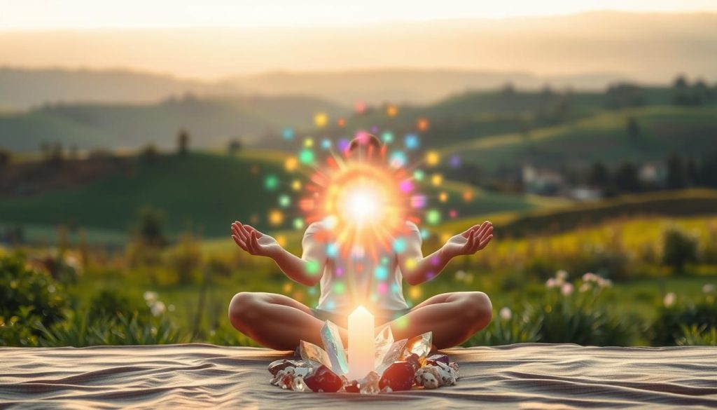 A serene and tranquil scene of energy healing techniques. In the foreground, a person sits cross-legged, palms facing upwards, engulfed in a warm, glowing aura. Multicolored energy flows emanate from their hands, creating a sense of balance and harmony. In the middle ground, crystals and gemstones are arranged in a circular pattern, radiating a soft, ethereal light. The background features a lush, verdant landscape with rolling hills and a distant horizon, bathed in a golden hour glow. The lighting is natural and diffused, creating a calming and meditative atmosphere. Captured with a wide-angle lens to showcase the holistic nature of the energy healing practices.