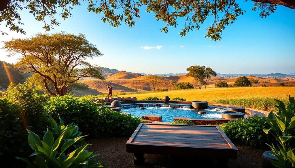 A serene ayurvedic detox environment, bathed in warm, natural lighting. In the foreground, a wooden meditation platform sits amidst lush, verdant foliage, inviting contemplation and inner reflection. In the middle ground, a tranquil water feature with gently flowing streams, its calming sounds adding to the peaceful ambiance. The background features a rolling landscape of rolling hills, with towering trees and a clear, azure sky above. The entire scene exudes a sense of balance, harmony, and rejuvenation, creating the perfect setting for an ayurvedic cleanse.