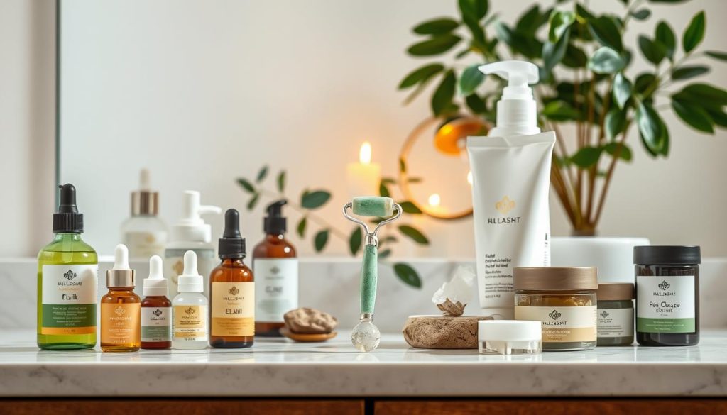 A serene vanity top showcasing the essential elements of a holistic skincare routine. In the foreground, an array of natural skincare products - facial oils, cleansers, serums, and face masks - arranged with care. A crystal facial roller and a jade gua sha tool occupy the center, radiating a sense of tranquility. In the background, a lush indoor plant and a single lit candle create a warm, spa-like atmosphere. Soft, diffused lighting illuminates the scene, emphasizing the natural textures and tones of the products. The overall composition conveys a mindful, wellness-focused approach to skincare, inviting the viewer to experience the beauty of a holistic self-care ritual.
