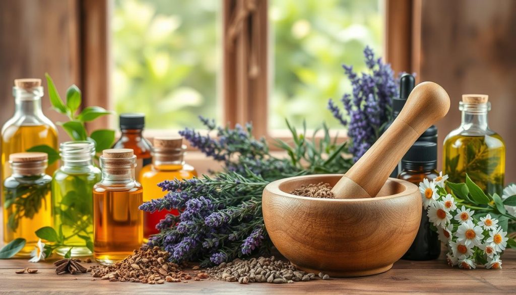 A still life arrangement of various herbal remedies, botanicals, and natural healing ingredients. In the foreground, a wooden mortar and pestle grinds dried herbs and spices. Surrounding it are glass jars filled with tinctures, teas, and essential oils in amber, green, and blue hues. In the middle ground, bundles of fresh lavender, rosemary, and chamomile are arranged artfully. The background features a rustic, wooden surface with a window overlooking a lush, verdant garden. Soft, natural lighting filters through, creating a warm, inviting atmosphere. The overall composition exudes a sense of tranquility, wellness, and the healing power of nature.