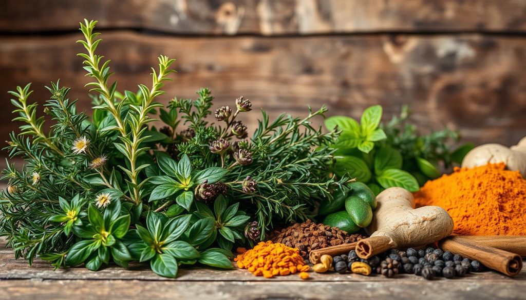 A vibrant and detailed still life composition showcasing a collection of immune-boosting herbs and spices. In the foreground, an assortment of fresh herbs such as rosemary, thyme, oregano, and sage are arranged artfully against a rustic wooden surface, their vibrant green leaves and delicate flowers capturing the essence of natural healing. In the middle ground, a variety of dried spices like turmeric, ginger, cinnamon, and black pepper are scattered around, their warm hues and distinctive shapes adding depth and texture to the scene. The background features a soft, diffused lighting that casts gentle shadows, creating a serene and inviting atmosphere that emphasizes the natural, nourishing qualities of these powerful botanicals.