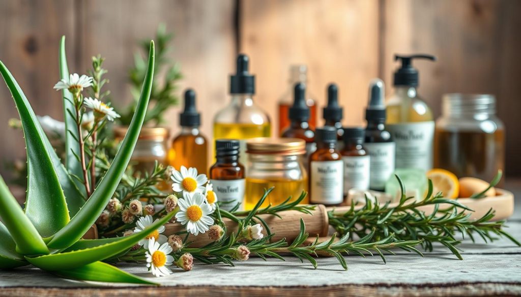 A vibrant still life arrangement showcasing a variety of premium organic skincare ingredients. In the foreground, an assortment of natural botanicals such as fresh aloe vera leaves, chamomile flowers, and rosemary sprigs are artfully displayed on a rustic wooden surface. The middle ground features an array of glass jars and bottles containing pure essential oils, plant-based serums, and mineral-rich muds. Soft, diffused lighting from the side creates a warm, inviting atmosphere, while the shallow depth of field gently blurs the background, allowing the organic ingredients to take center stage. The overall composition conveys a sense of purity, simplicity, and the transformative power of nature-based skincare.