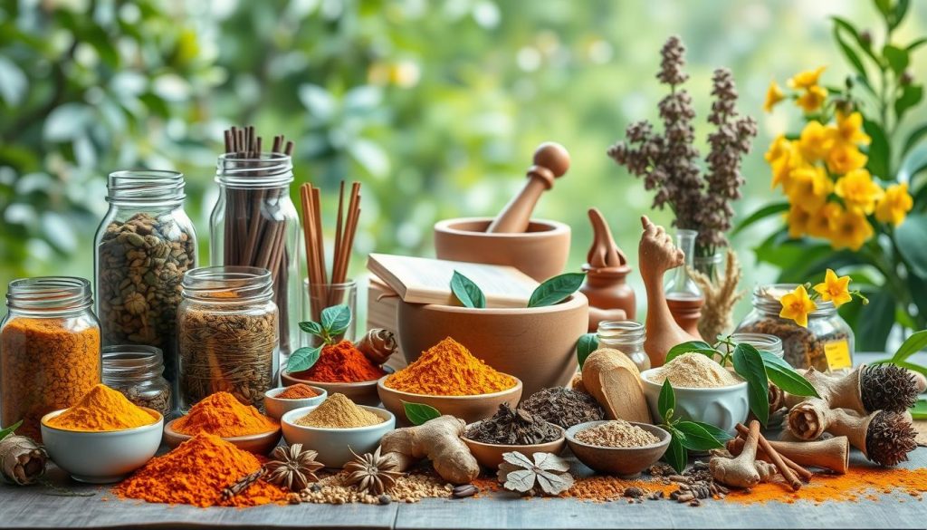 A vibrant still life arrangement showcasing an assortment of Ayurvedic herbal remedies. In the foreground, an array of glass jars and ceramic bowls filled with dried herbs, spices, and powders in earthy tones of ochre, turmeric, and cinnamon. Artfully arranged around them are fresh botanicals such as ginger roots, tulsi leaves, and ashwagandha flowers. The middle ground features a wooden mortar and pestle, along with a few traditional Ayurvedic texts and tools. The background is a serene, natural setting, with lush greenery and soft, diffused lighting creating a warm, soothing ambiance that evokes the holistic, time-honored traditions of Ayurvedic healing.