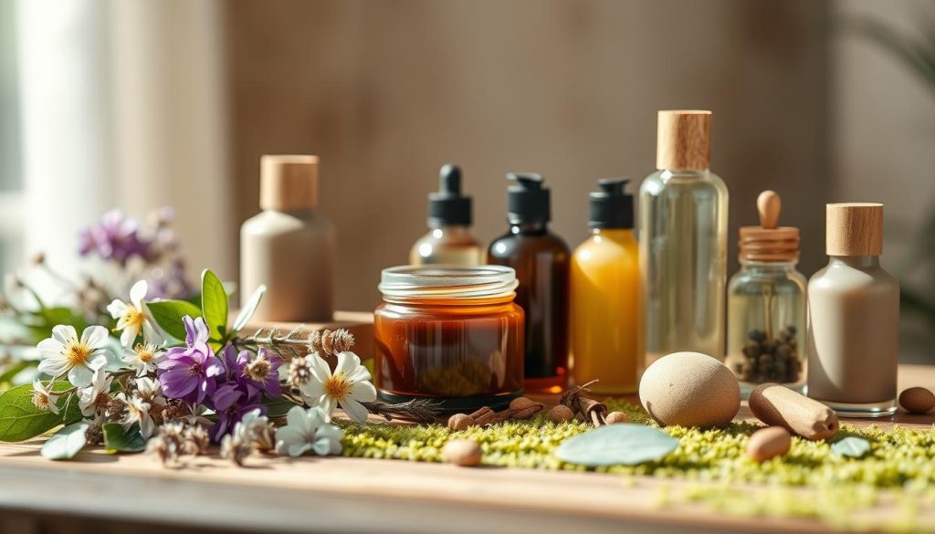 A well-lit, close-up still life arrangement showcasing an array of eco-friendly cosmetic products. In the foreground, artfully arranged natural ingredients like flowers, leaves, and essential oils. In the middle ground, a selection of sleek, minimalist-designed glass jars and bottles in muted, earthy tones. Soft, natural lighting from the side casts gentle shadows, highlighting the organic textures and shapes. The background is a soft, blurred natural setting, perhaps a wooden tabletop or a bed of moss, to create a serene, nature-inspired ambiance. The overall mood is one of simplicity, purity, and environmental consciousness.