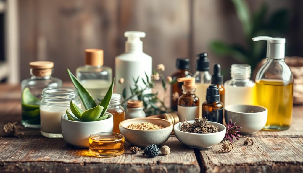 A well-lit, close-up still life of an assortment of natural skincare products on a rustic wooden surface. In the foreground, a range of glass jars, bottles, and ceramic dishes filled with organic ingredients like aloe vera, essential oils, and herbal extracts. In the middle ground, a few leafy green plants and dried flowers provide a natural accent. The background is softly blurred, hinting at a soothing, serene environment. The overall lighting is warm and diffused, creating a glowing, inviting atmosphere that emphasizes the purity and efficacy of the holistic skincare items.