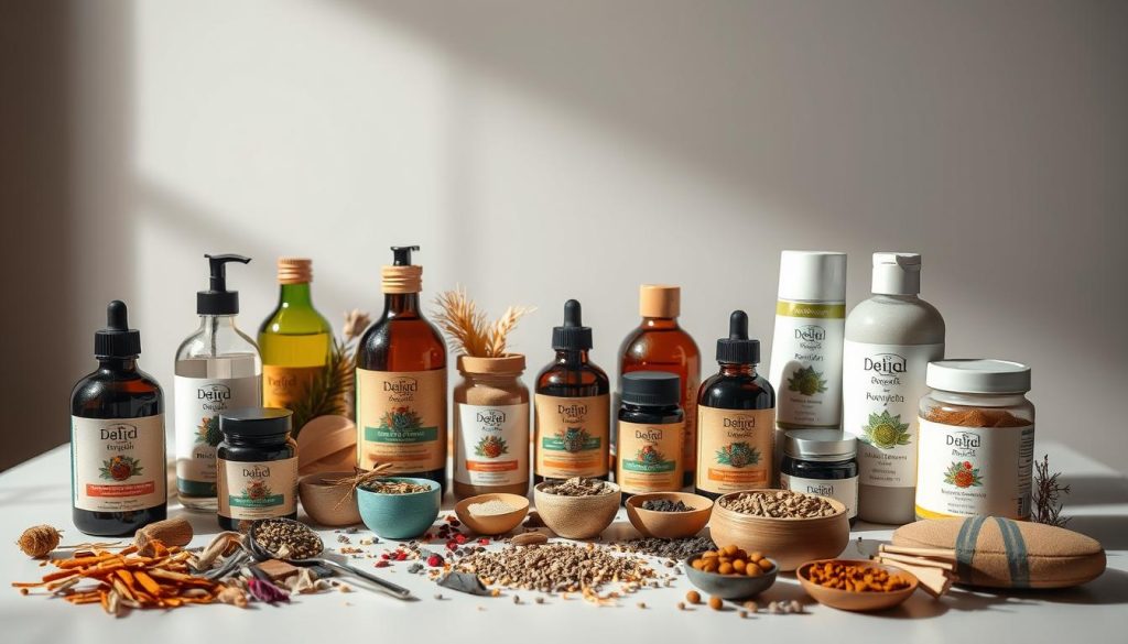 A well-lit studio scene showcasing a diverse array of Ayurvedic products thoughtfully arranged on a clean, minimalist tabletop. In the foreground, various bottles, jars, and containers with traditional Ayurvedic branding and packaging materials take center stage, highlighting their natural, organic aesthetics. The middle ground features a selection of dried herbs, spices, and plant extracts, suggesting the raw ingredients used in the formulations. The background subtly fades into a serene, neutral backdrop, allowing the products to be the focal point. The overall mood is one of sophistication, quality, and authenticity, conveying the high standards of Ayurvedic wellness practices.
