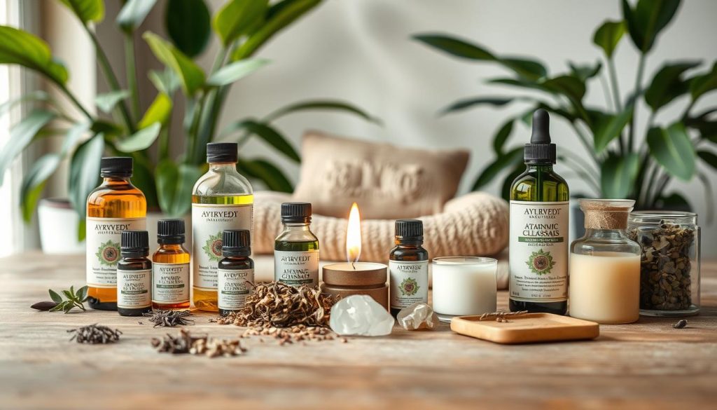 Ayurvedic products for stress management - on a wooden table, natural lighting, soft focus. Foreground: Assortment of Ayurvedic oils, tinctures, dried herbs, and aromatic candles. Middle: Meditation cushion, incense, and calming crystals. Background: Lush green plants, soothing neutral tones. Evoke a sense of tranquility, balance, and holistic well-being. Emphasize the natural, handcrafted aesthetic of traditional Ayurvedic remedies. Create an inviting, serene atmosphere that inspires relaxation and mindfulness.