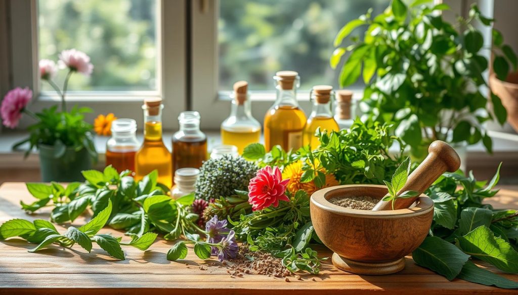 Botanical remedies for healthy skin: a lush, verdant scene of fresh herbs, leaves, and flowers arranged artfully on a wooden table. Soft, diffused natural lighting illuminates the scene, casting gentle shadows and highlighting the vibrant colors and textures of the plant material. In the foreground, a mortar and pestle grinds fragrant botanical ingredients, while in the middle ground, glass jars and bottles containing herbal tinctures and oils are displayed. The background features a window overlooking a tranquil garden, framing the scene with a sense of peaceful, natural harmony. The overall mood is one of wellness, serenity, and the power of nature to nourish and heal the skin.